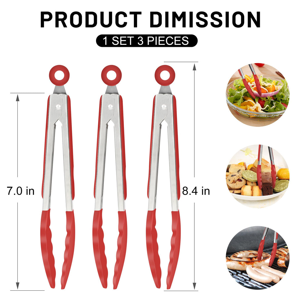 Hotec Mini Silicone Kitchen Tongs for Cooking - 7-Inch Small Serving Tongs with Silicone Tips, Set of 3 (Black)