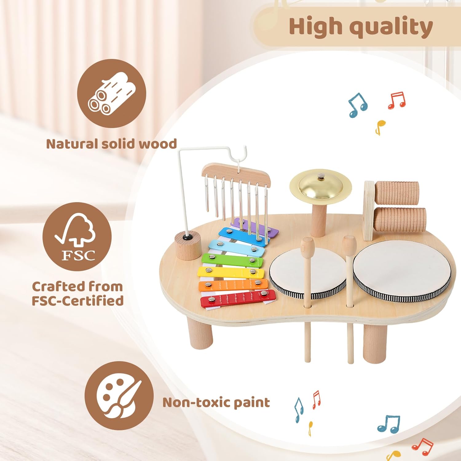 Wooden Drum Set for Toddlers 1-3, Musical Percussion Instruments for Kids Baby Drum Set Xylophone, Montessori Educational Musical Toys for Girls Boys Ages 3+