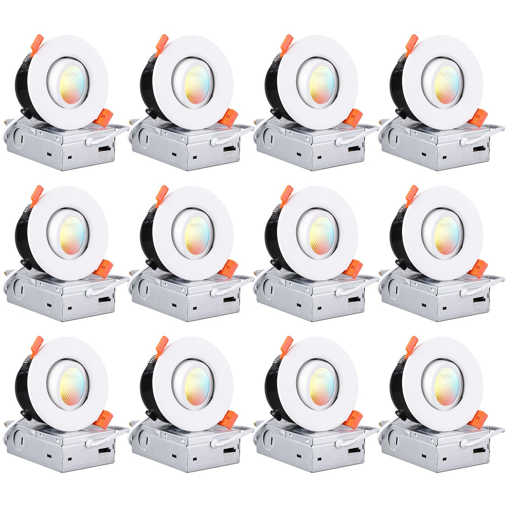 TORCHSTAR 12-Pack 5CCT 3 Inch Gimbal LED Recessed Light, 7W CRI90+ Dimmable Adjustable Eyeball Canless LED Downlight, 2700K/3000K/3500K/4000K/5000K Selectable, Airtight IC, ETL
