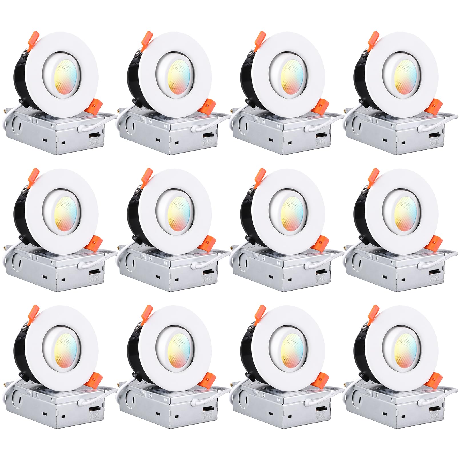 TORCHSTAR 12-Pack 5CCT 3 Inch Gimbal LED Recessed Light, 7W CRI90+ Dimmable Adjustable Eyeball Canless LED Downlight, 2700K/3000K/3500K/4000K/5000K Selectable, Airtight IC, ETL
