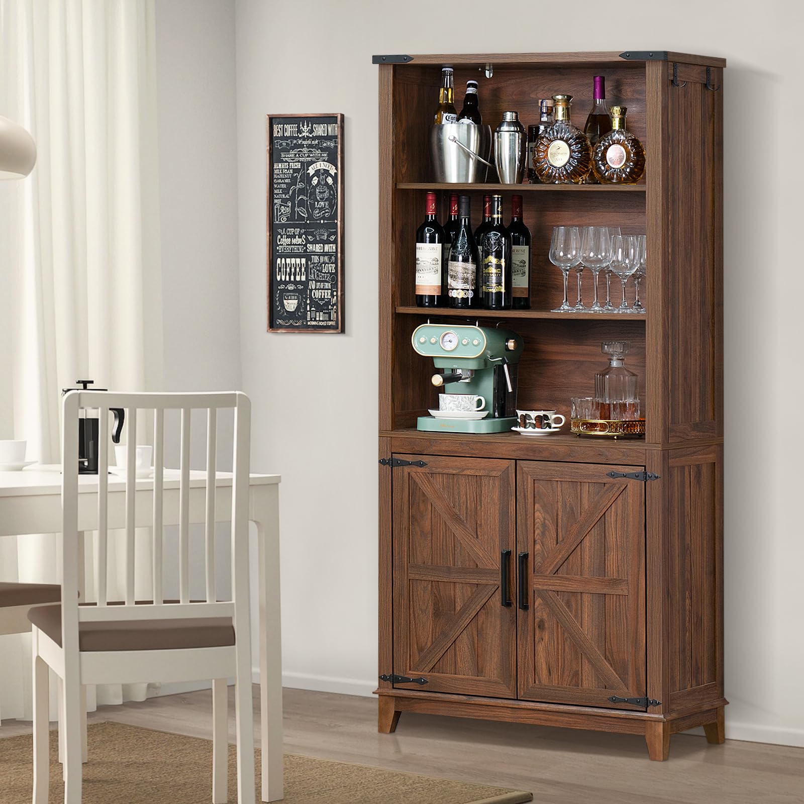 Joaxswe 70in Tall Bookshelf 5 Tier Bookcase with Barn Doors and Adjustable Shelves, Black Farmhouse Book Shelf with Storage Cabinet, Wood Freestanding Display Bookshelves for Bedroom, Living Room