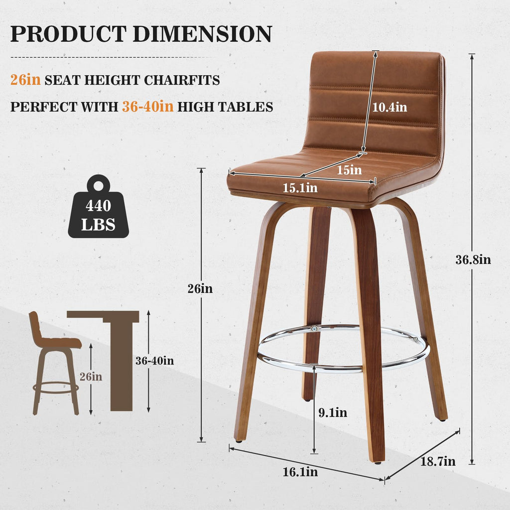 Bar Stools 29 Inch Bar Height, Swivel Bar Stools with Backs Upholstered PU Leather Barstool, L Shape Back and Padded Seat, Mid-Century Modern Bar Stool Pub Chairs for Kitchen Counter Island, Black
