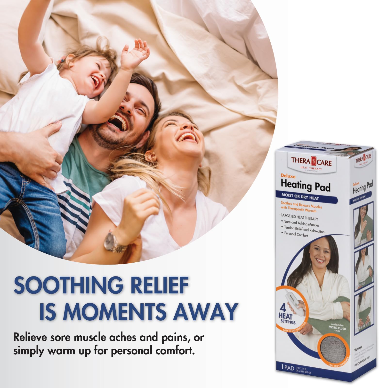 TheraCare Electric Heating Pad | Dry Heat Therapy | 4 Adjustable Heat Settings | 12" x 15" | Comfortable, Soft & Durable