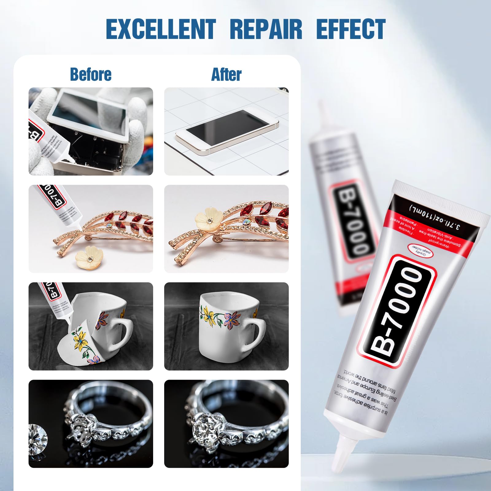110 ml B7000 Adhesive for Crafts, Clear Glue with Spreaders and Dotting Pen Tool, Multipurpose for Rhinestones, Fabric, DIY, Makeup, Shoes, Jewelry Making, Nail Art