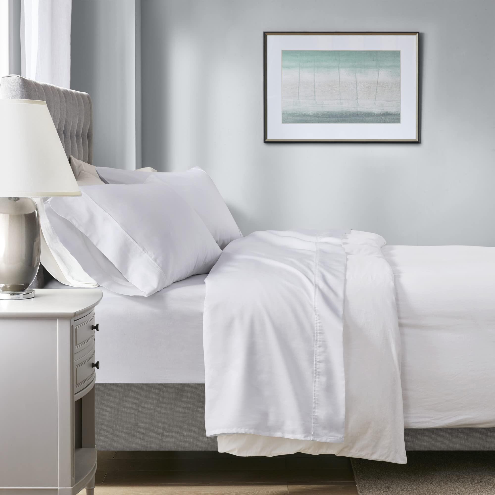Beautyrest 1000 Thread Count, Solid Color Sheet Set, Elastic Deep Pocket, All Season, Breathable, HeiQ Smart Temperature, Soft Cotton Blend Bedding, Matching Pillowcase, King Ivory 4 Piece