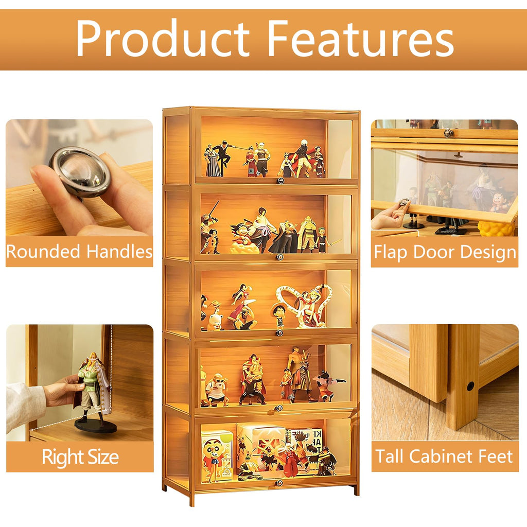 Display Cabinet with Acrylic Glass Door, 5 Tier Curio Display Case, Collectibles Toy Organizers Rack & Display Shelf, Kids Bookcase for Bedroom, Reading Nook, living Room, Bamboo (Black -flip Door)