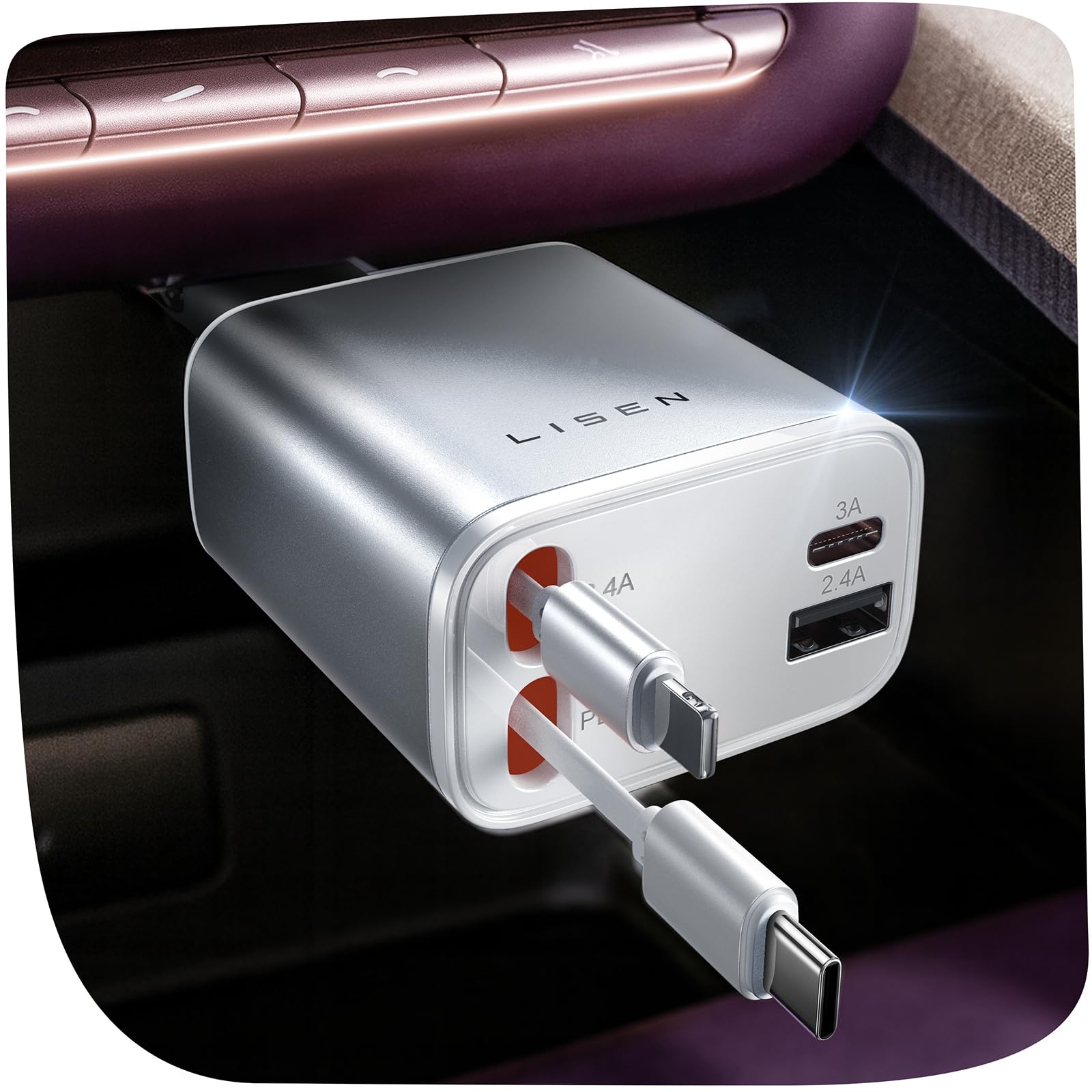 LISEN Retractable Car Charger, 84W Car Charger USB C Fast Charger Adapter for iPhone, Car Accessories for Men Women, Birthday Gifts for Fathers Day for Men Dad Husband, for iPhone 17 16 15 14 13 12 11