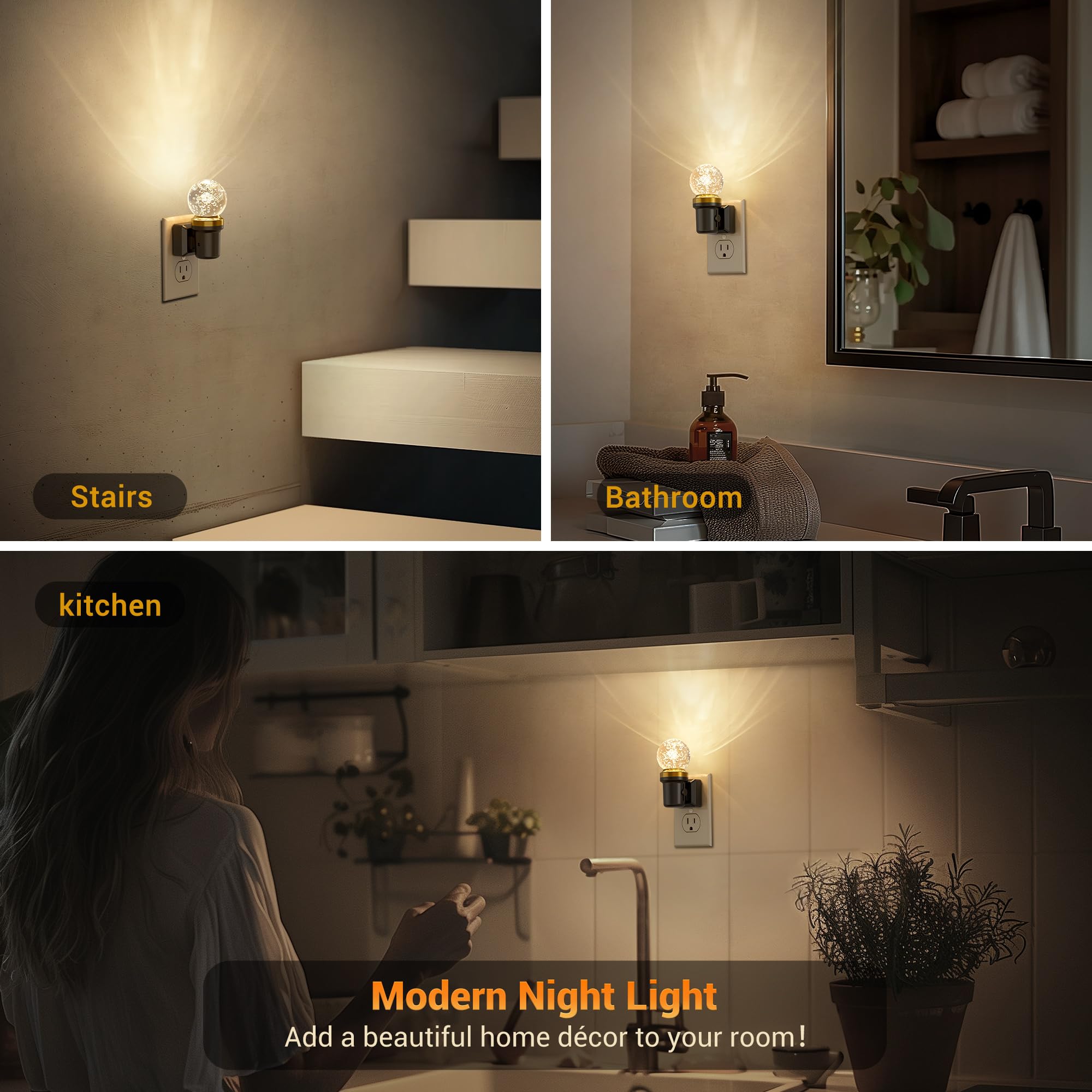 JandCase Night Lights Plug into Wall, Dusk to Dawn Sensor, 3000K Soft White LED, Acrylic Design, 0-100lm Adjustable Brightness, for Bedroom, Bathroom, Living Room, Hallway