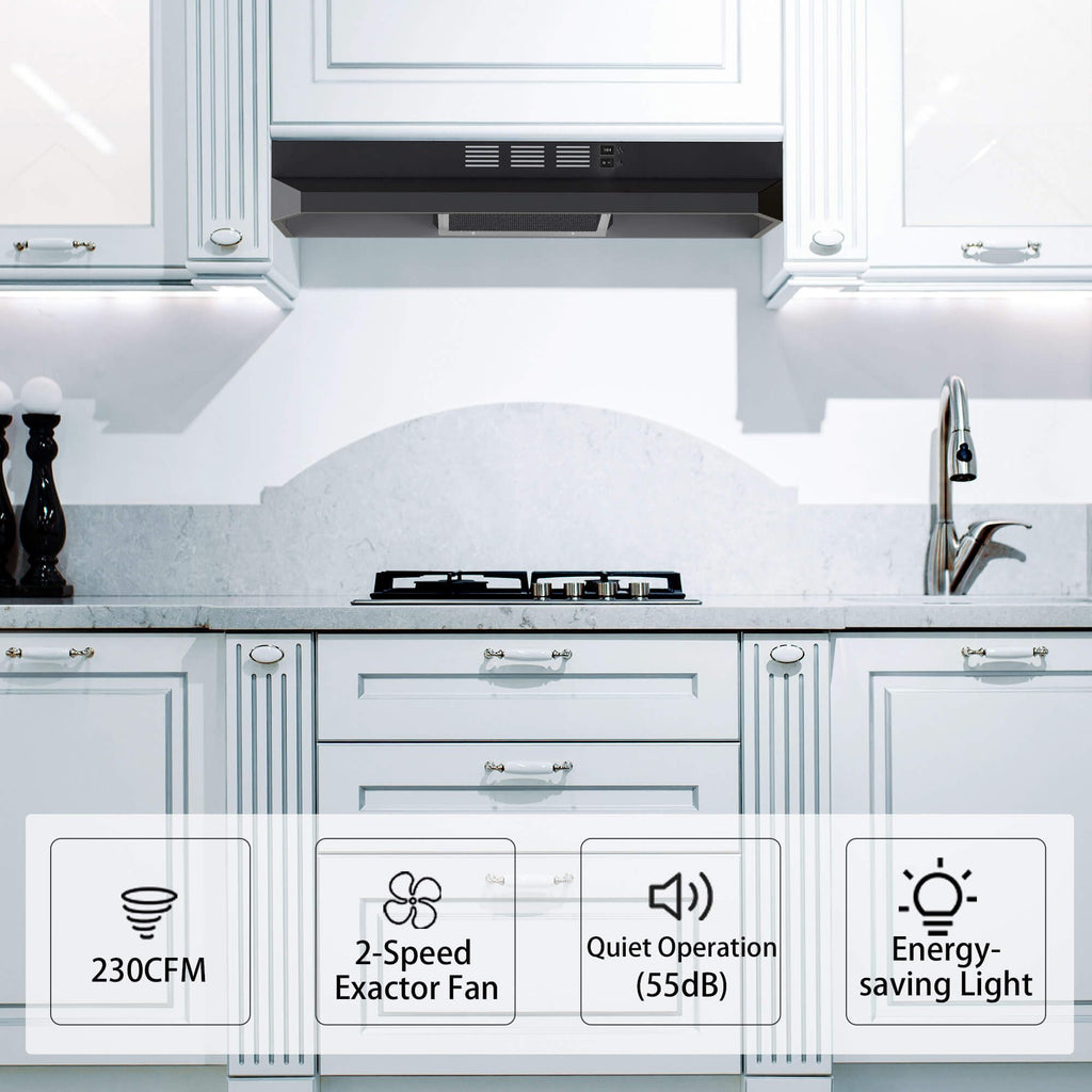 SNDOAS Black Range Hood 24 inch,Ducted/Ductless Range Hood Under Cabinet,Black Coating Stainless Kitchen Exhaust Hood with 2-speed Fan,230 CFM,Rocker Switch,Hard-wired Stove Vent, Ventless Hood