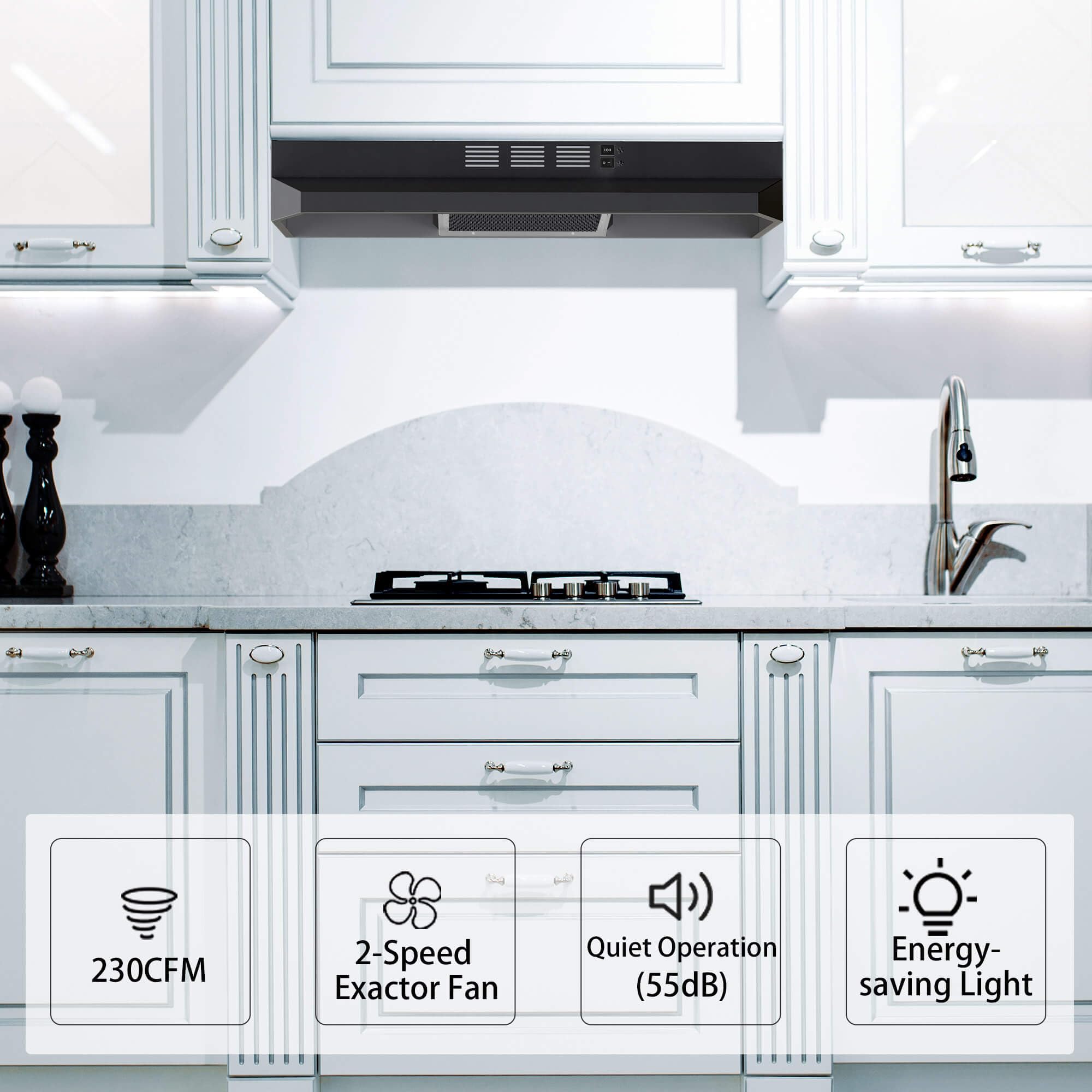 SNDOAS Black Range Hood 24 inch,Ducted/Ductless Range Hood Under Cabinet,Black Coating Stainless Kitchen Exhaust Hood with 2-speed Fan,230 CFM,Rocker Switch,Hard-wired Stove Vent, Ventless Hood