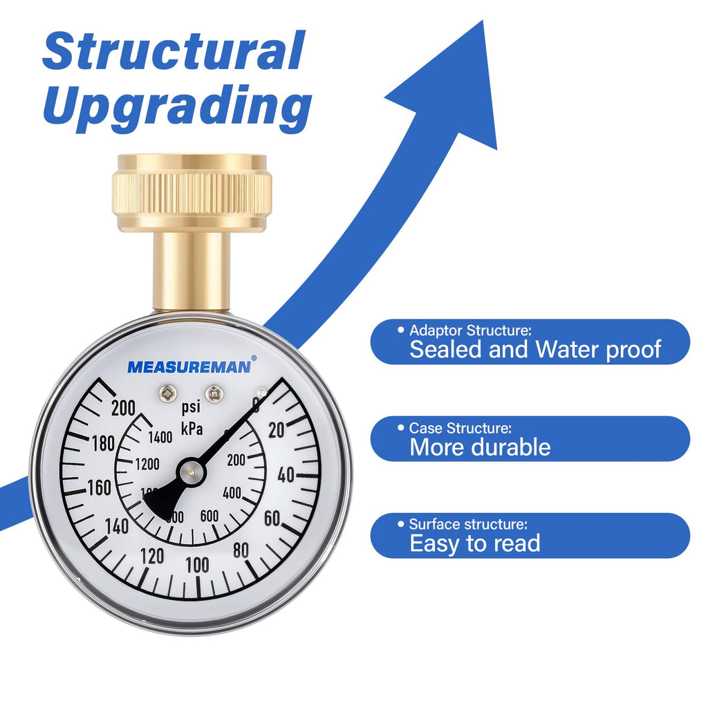 MEASUREMAN 2" Water Pressure Test Gauge, 3/4" Female Hose Thread, 0-200 psi/kpa with Maximum Pressure Memory (Pack of 2)