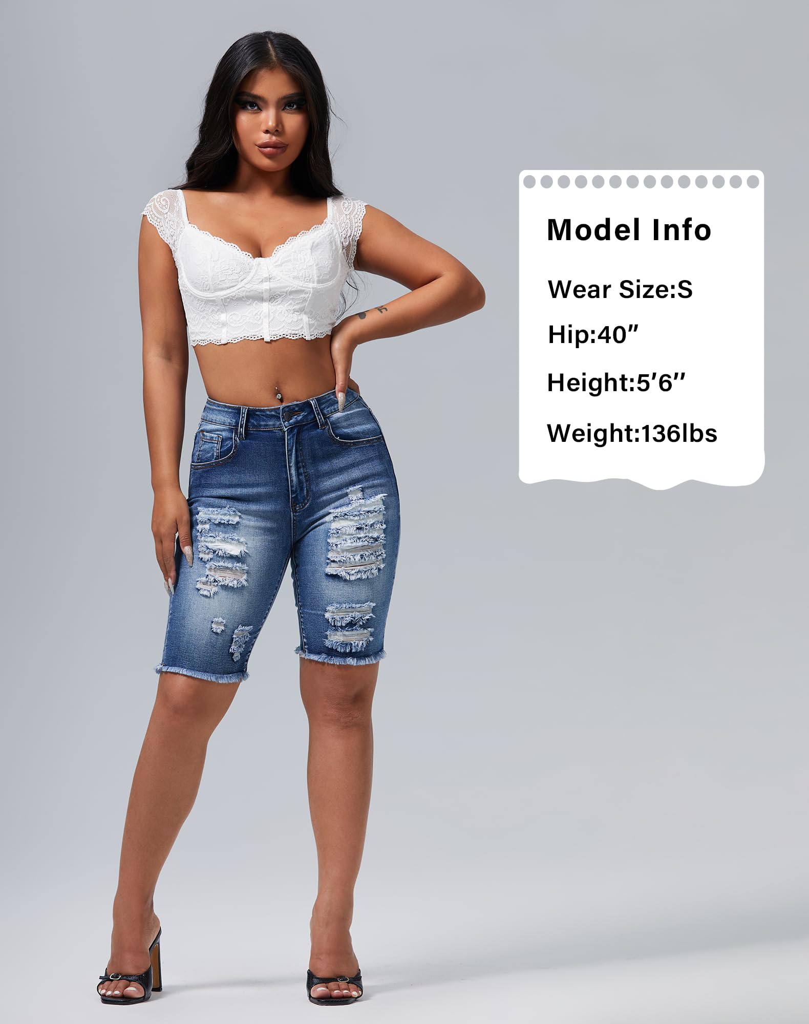 roswear Womens Ripped Stretchy Long Jean Shorts Mid Rise Frayed Cut Off Bermuda Shorts