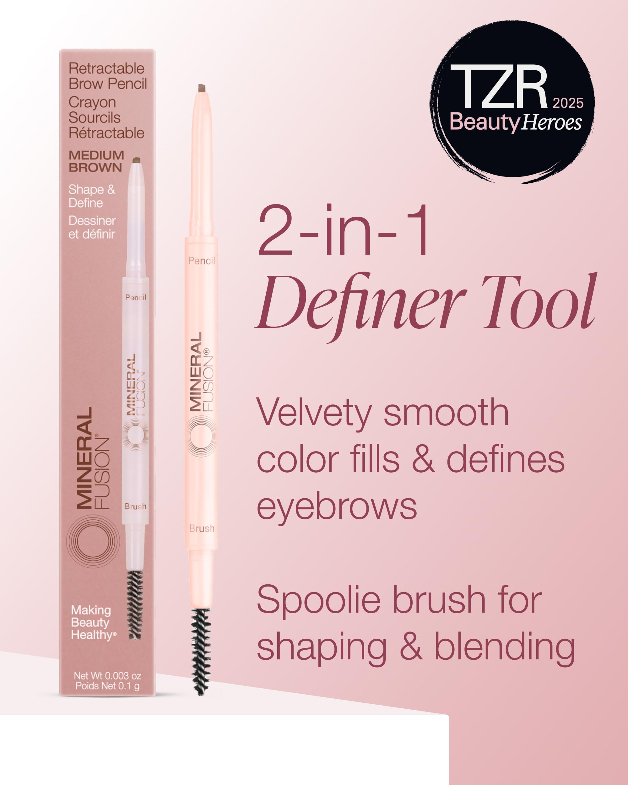 Mineral Fusion Retractable Brow Pencil (Blonde) - TZR 2025 Beauty Heroes Award Winner - Shape & Define Eyebrow with Blending Spoolie Brush - Velvety Smooth, Long-Lasting Color - Vegan Formula