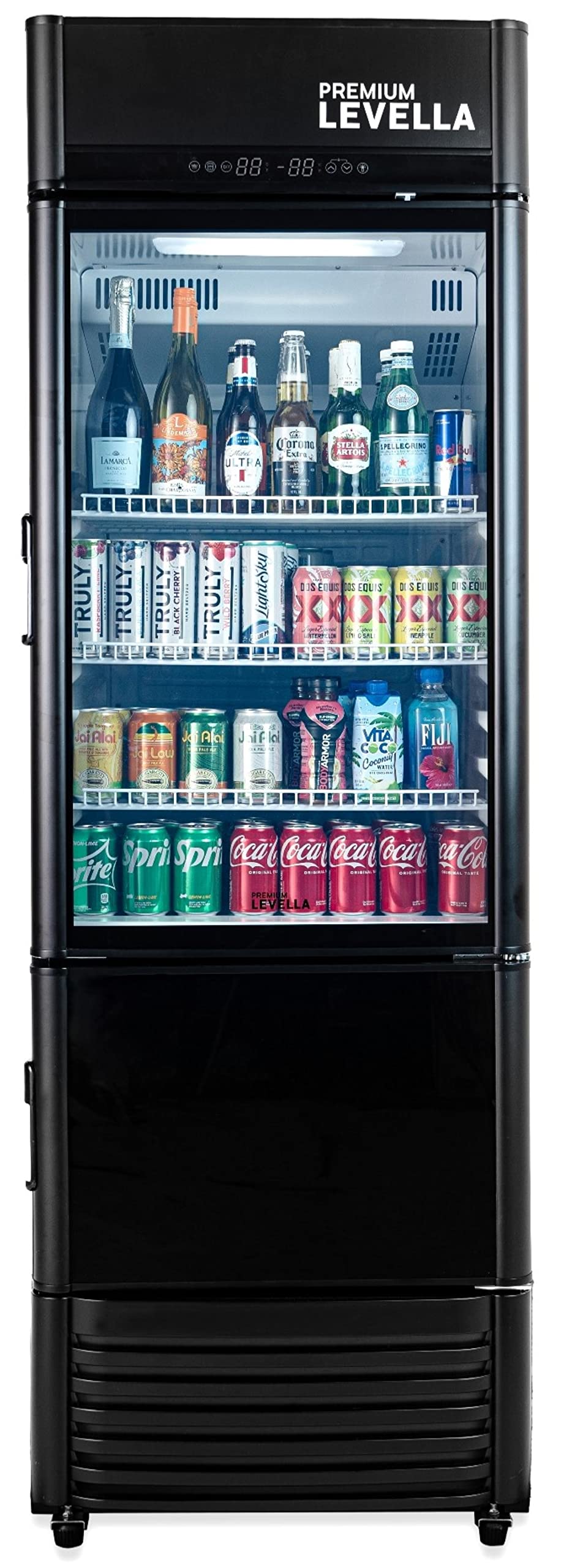 PremiumLevella PRF37DX Glass Door Display Refrigerator 3.1 cu ft Commercial Beverage Cooler Merchandiser - Black