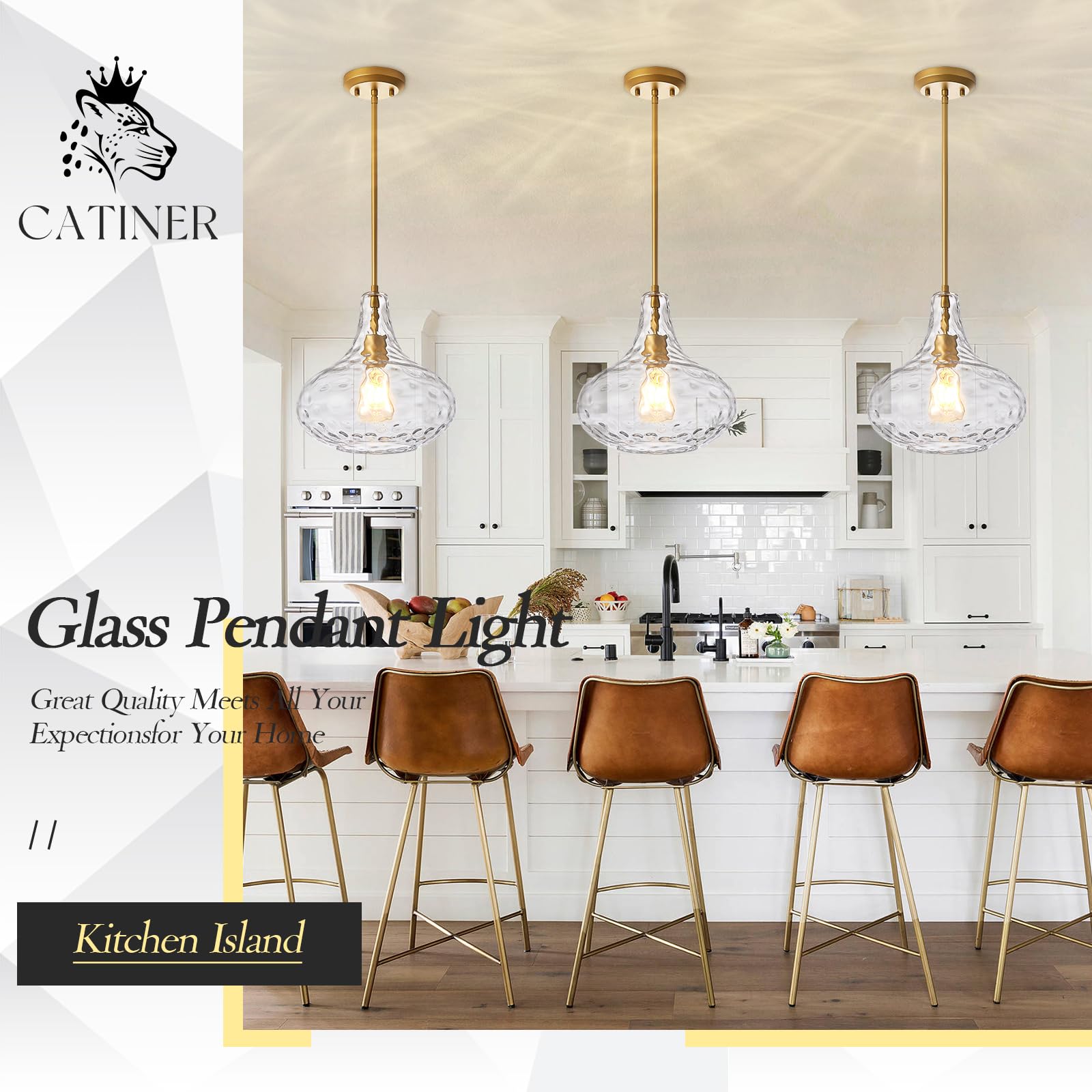 Glass Large Pendant Lights for Kitchen Island Blown Glass Pendant Light Clear Hammered Shade Hanging Ceiling Lights with Black Finish for for Kitchen Island, Sink, Hallway, Living Room 11 inch