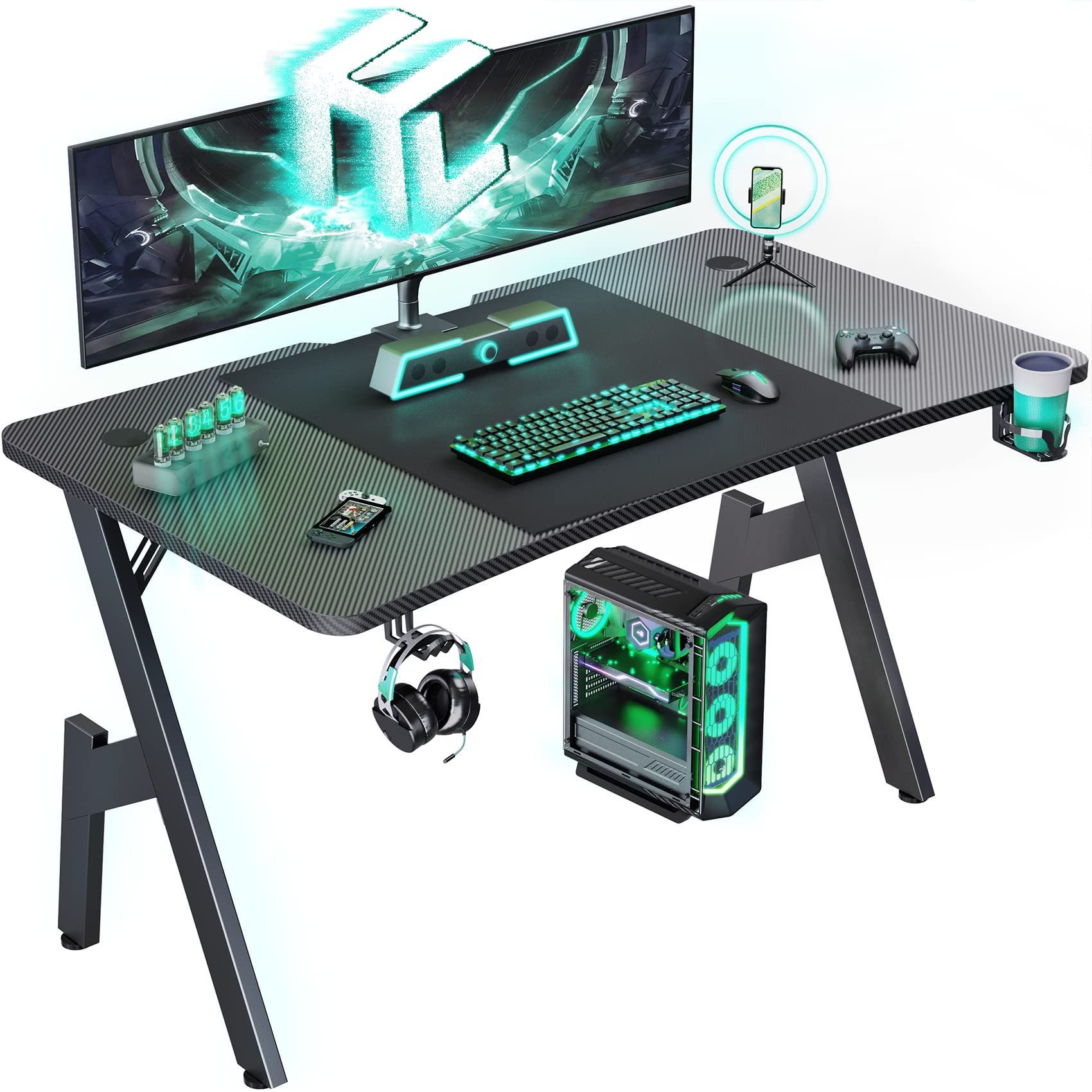 HLDIRECT 40 Inch Gaming Desk, Small Computer Gaming Desk Table with Cable Management, Ergonomic A Shape Modern Carbon Fiber Gamer Table Pc Workstation Home Office Desks for Small Space, Black