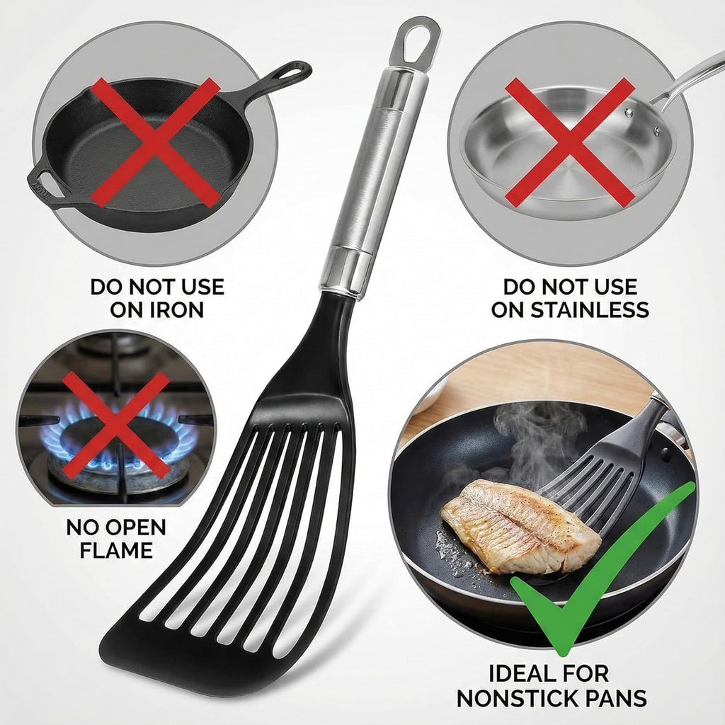KSENDALO Thin Flexible Fish Spatula for Nonstick Cookware, Black | Egg Flipper Turner w/Hollow Steel Handle, Slotted Angled LFGB Complaint Nylon Blade, Dishwasher Safe, Silver Handle