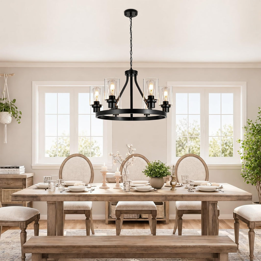 Lanhall 6-Light Modern Dining Room Light Fixture Brushed Nickel Kitchen Chandelier Ceiling Hanging Pendant Lighting with Glass Shade for Living Room Bedroom Entryway Adjustable Height Metal E26