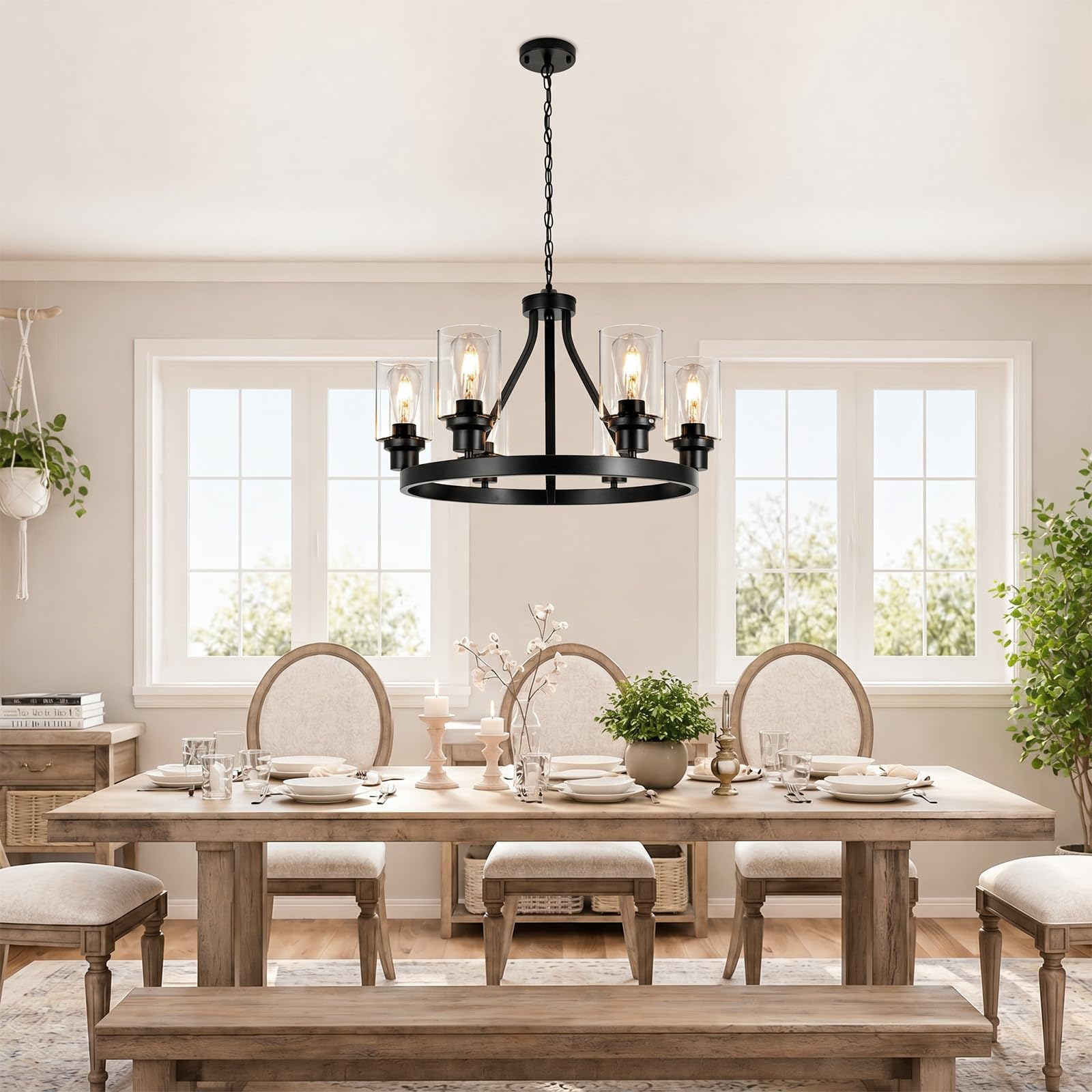 Lanhall 6-Light Modern Dining Room Light Fixture Brushed Nickel Kitchen Chandelier Ceiling Hanging Pendant Lighting with Glass Shade for Living Room Bedroom Entryway Adjustable Height Metal E26
