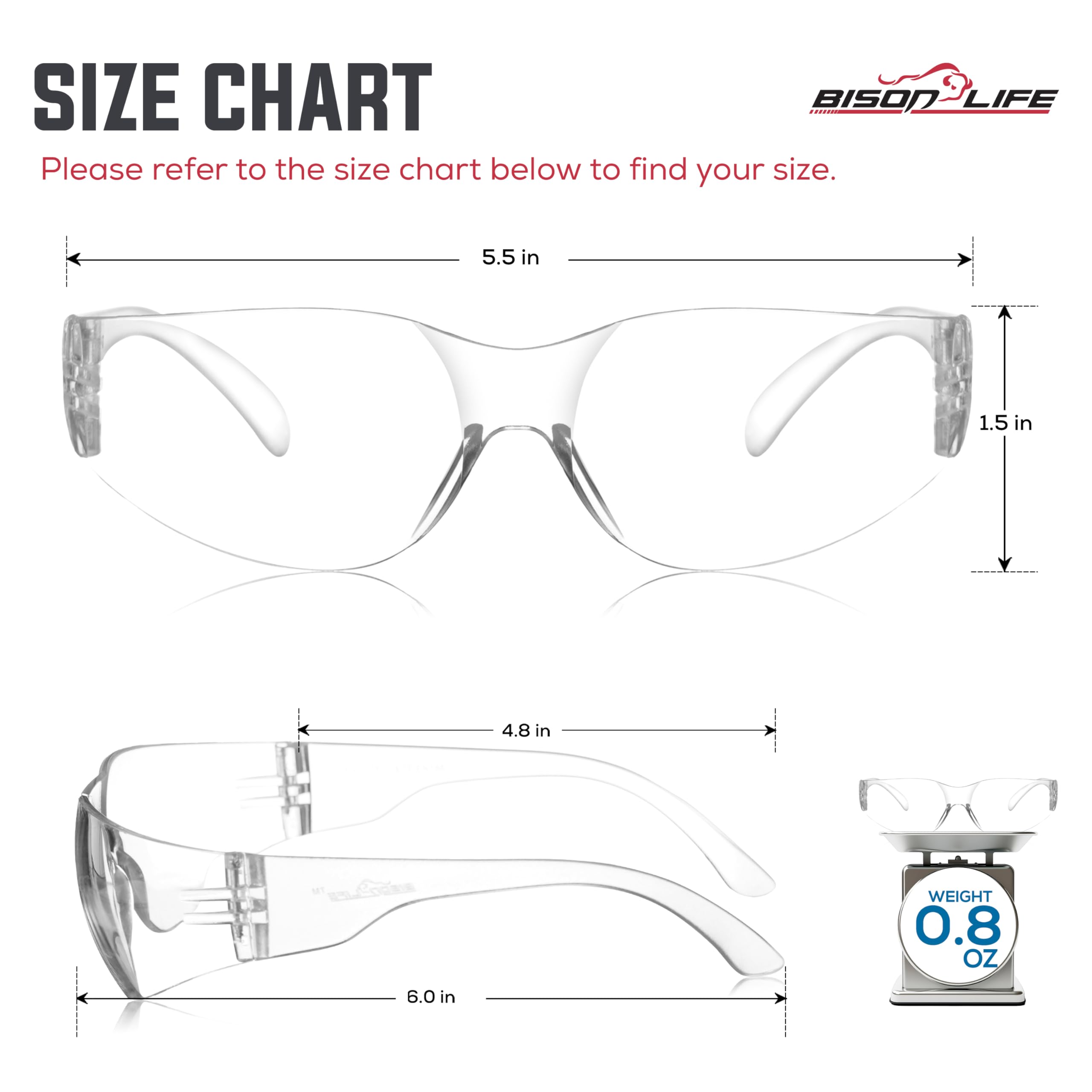 BISON LIFE Clear Safety Glasses – ANSI Z87.1 Certified Scratch & Impact Resistant Eye Protection Goggles for Men & Women