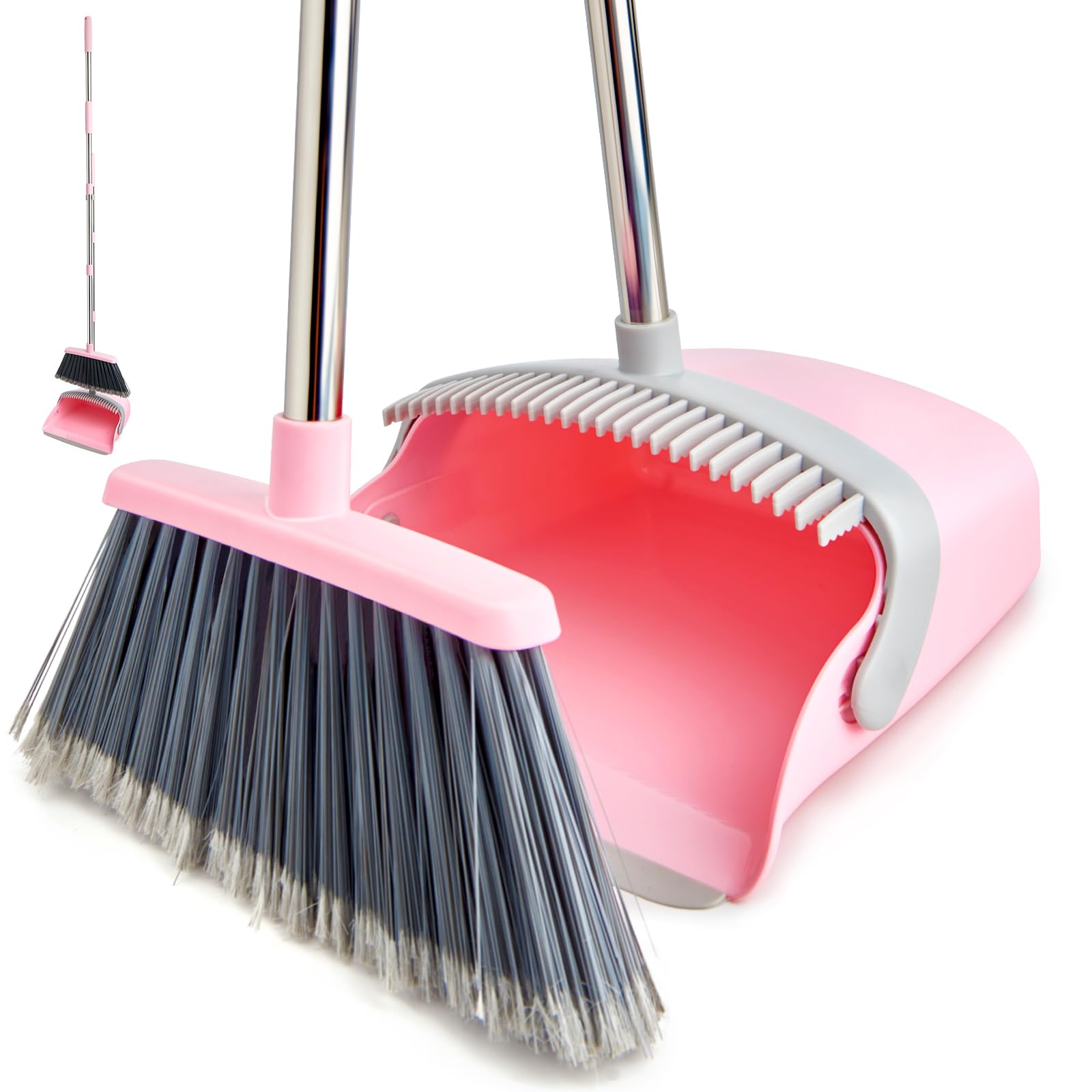 Broom and Dustpan Set with Long Handle, Heavy Dust Broom and Dustpan Combo for Home，Kitchen, Office, Pet Hair(Beige)