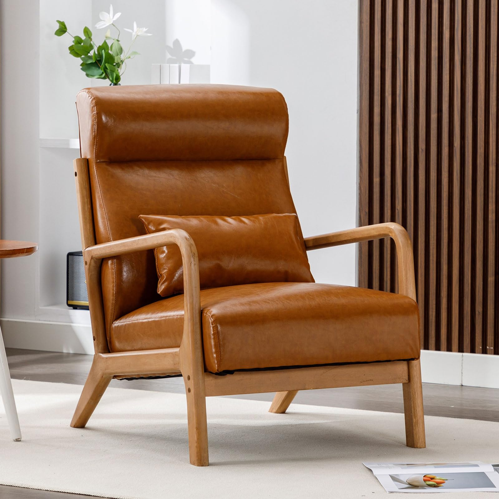 ANJ Mid Century Modern Accent Chair, Comfy Fabric Living Room Chairs with Solid Wood Frame, Lounge Reading Armchair, Easy Assembly, Beige