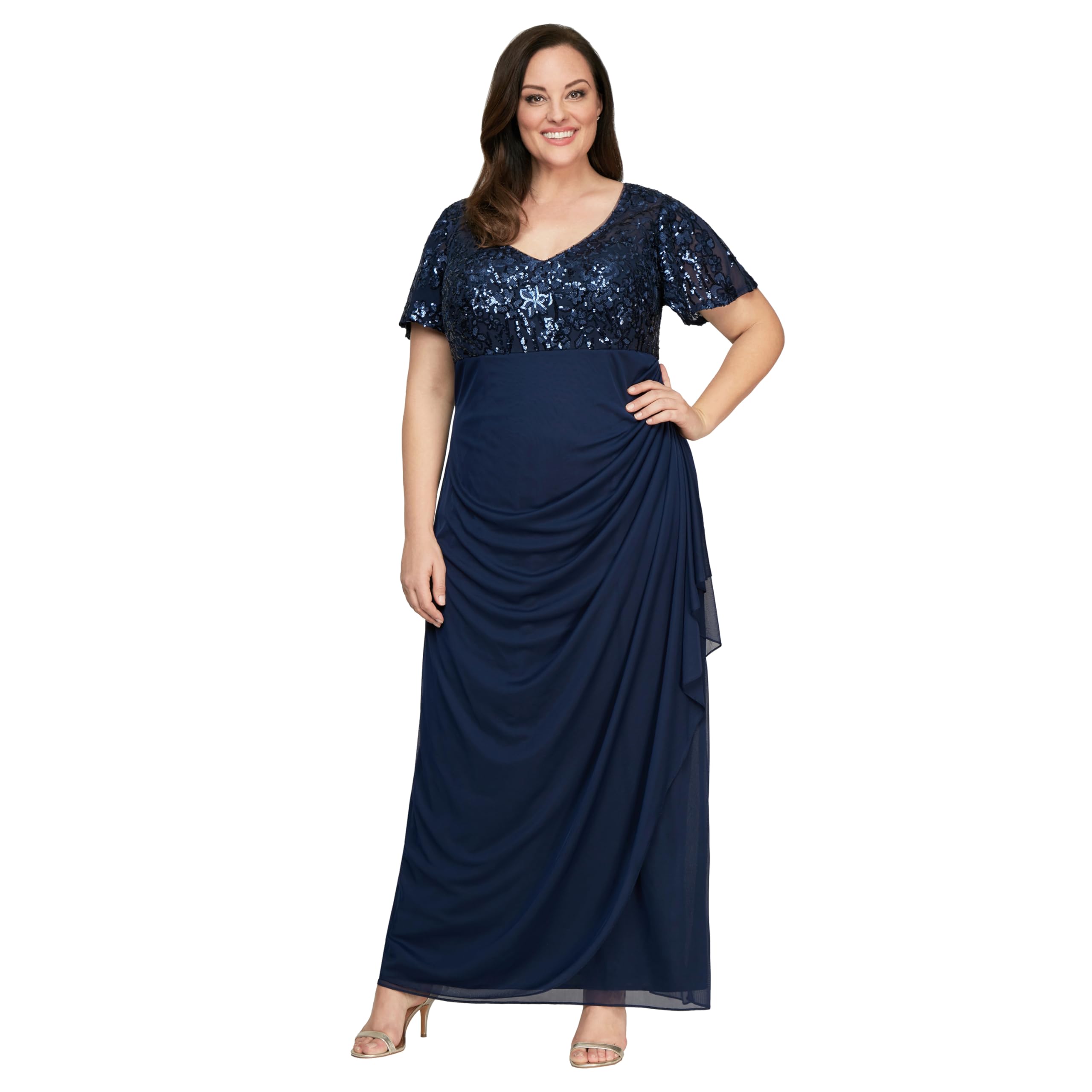 Alex Evenings Women's Long Stretch Sequin Bodice Mother of The Bride Dress with Empire Waist (Petite and Regular Sizes)
