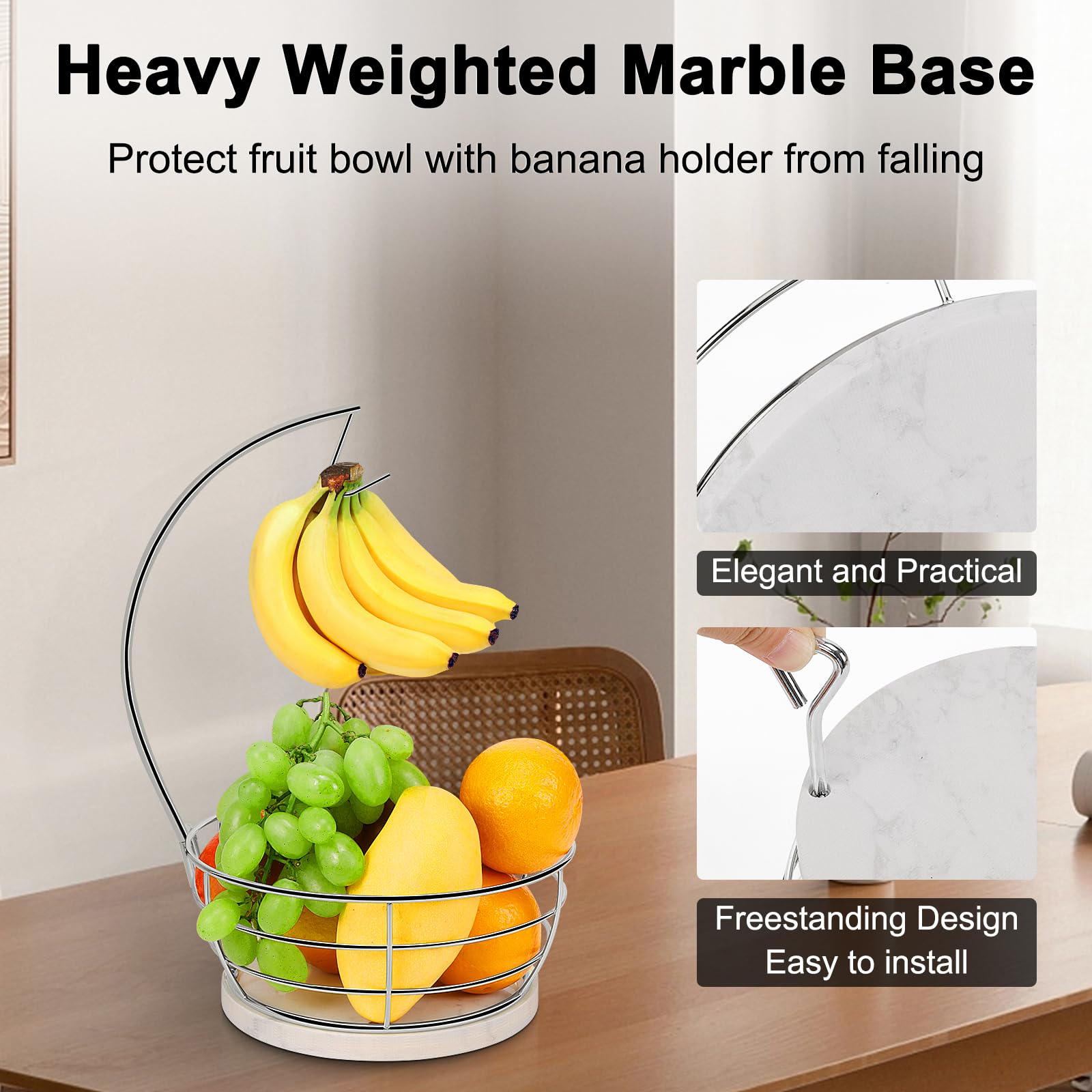 Livabber Countertop Fruit Basket Bowl with Banana Hanger, Modern Standing Fruit Vegetable Bowl Storage, with Banana Tree Holder for Kitchen Dinning Table (Round Marble, Black)