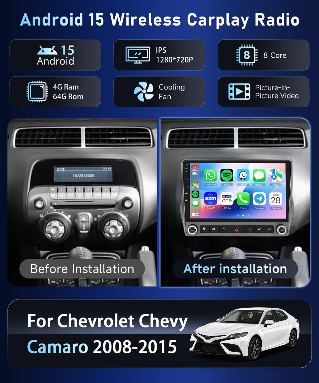 5G WiFi Android 15 Car Stereo for Chevrolet Chevy Camaro 2008–2015 Wireless Carplay Android Auto,9" HD IPS Touchscreen Car Radio Support GPS/10band DSP Audio/Bluetooth/FM/SWC/Backup Camera