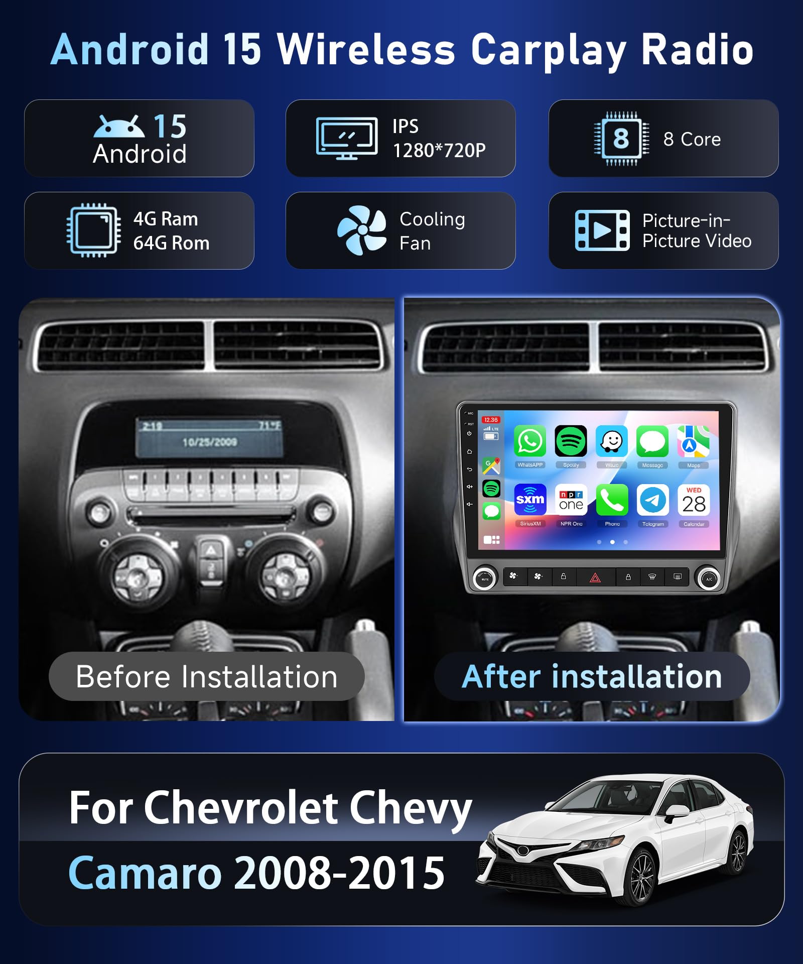 5G WiFi Android 15 Car Stereo for Chevrolet Chevy Camaro 2008–2015 Wireless Carplay Android Auto,9" HD IPS Touchscreen Car Radio Support GPS/10band DSP Audio/Bluetooth/FM/SWC/Backup Camera