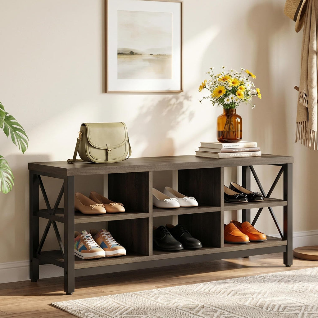 FATORRI Entryway Bench with Storage, 41 Inch Shoe Storage Bench, Industrial Wood Shoe Bench for Entry Way, Living Room, Bedroom and Mudroom (Black)