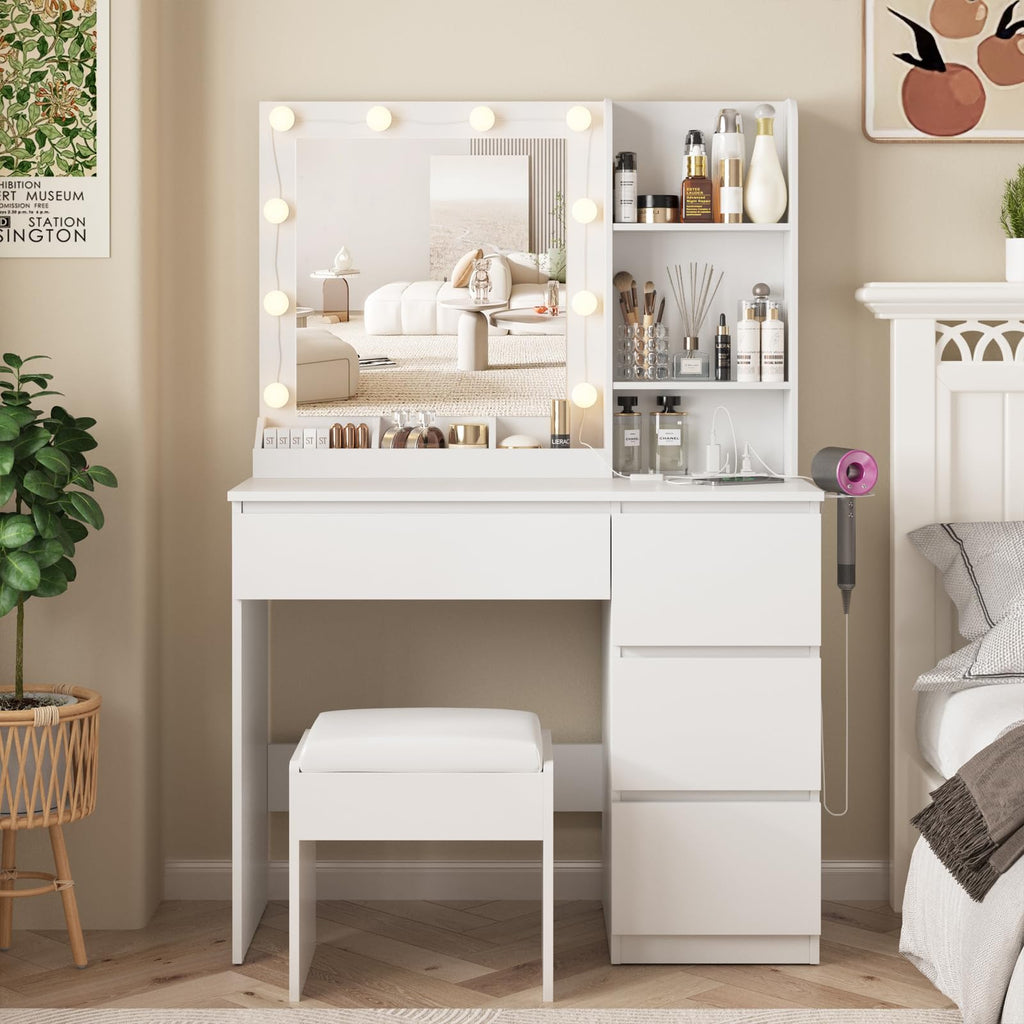 Vabches Makeup Vanity with Lights, 37inch Vanity Desk, 4 Large Drawers Dresser with Lighted Mirror, 3 Lighting Modes Brightness Adjustable, White