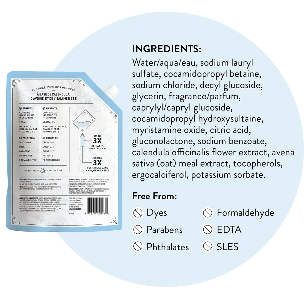 J.R. Watkins Gel Hand Soap Refill, Moisturizing Hand Wash, Formulated with Plant-Based Cleansers, Alcohol-Free, Cruelty-Free, Aloe & Green Tea, 34 Fl Oz, 2 Pack