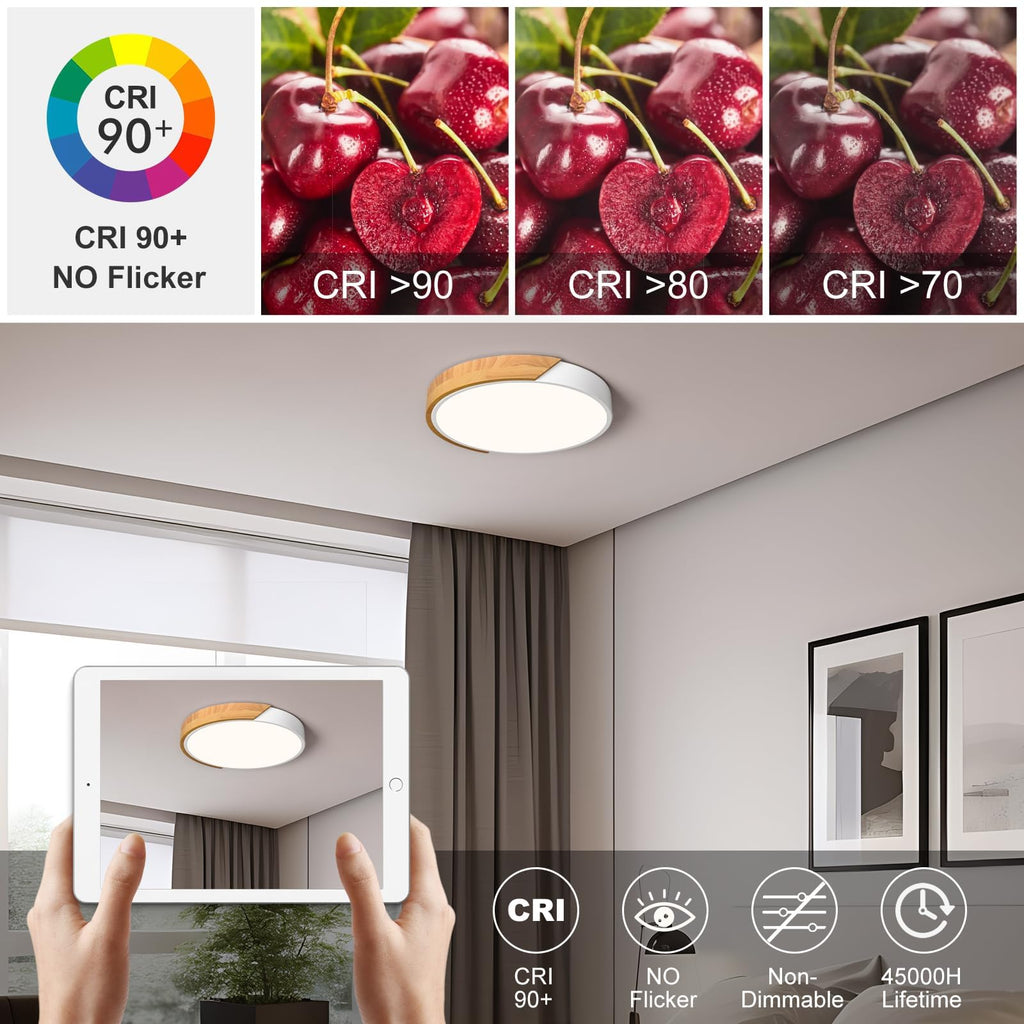 Modern LED Ceiling Light, Minimalist Wood Dimmable Flush Mount Ceiling Light Fixture, Round 5CCT Lighting Lamp with Acrylic Lampshade for Bedroom Hallway Kitchen Laundry, Black 11.8"