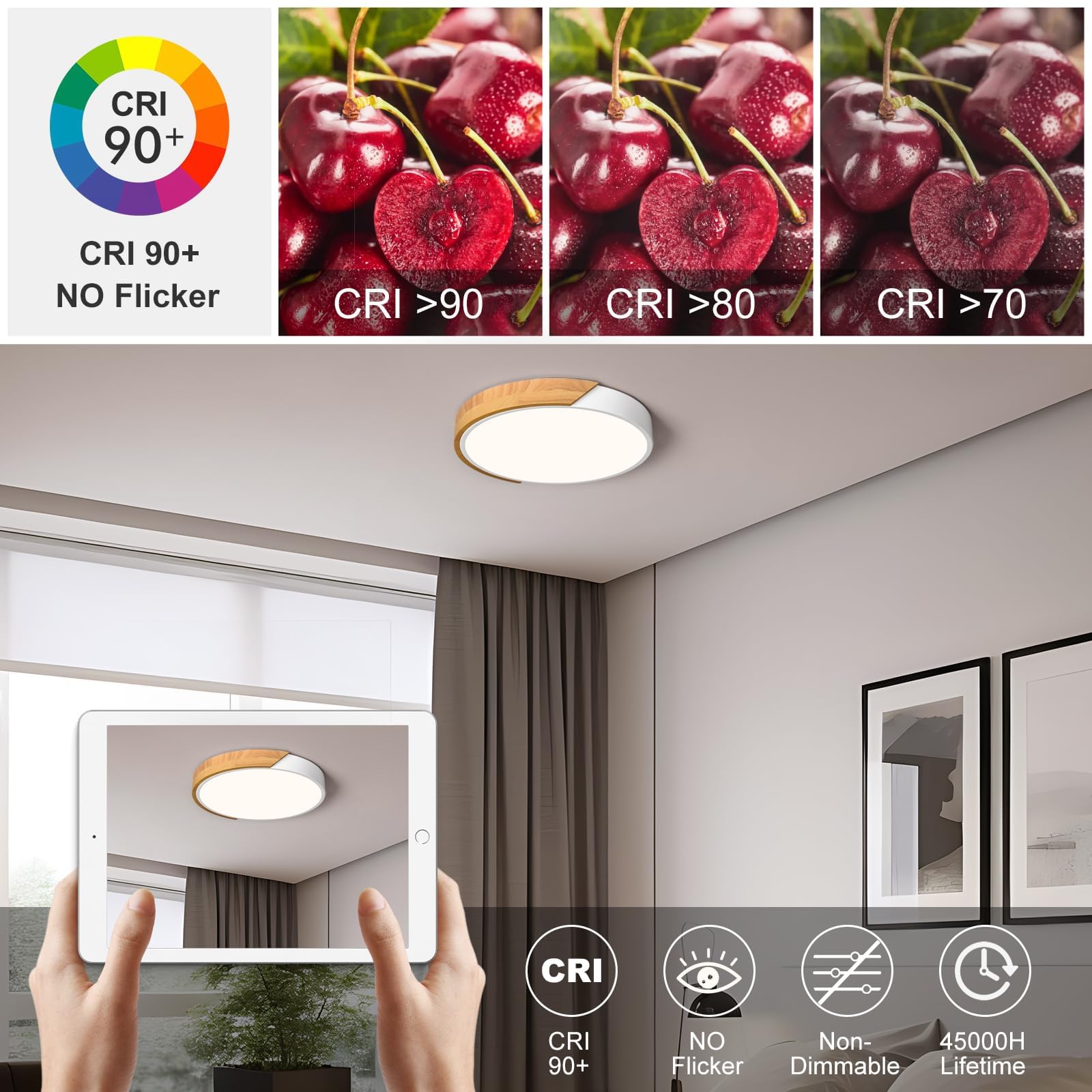 Modern LED Ceiling Light, Minimalist Wood Dimmable Flush Mount Ceiling Light Fixture, Round 5CCT Lighting Lamp with Acrylic Lampshade for Bedroom Hallway Kitchen Laundry, Black 11.8"