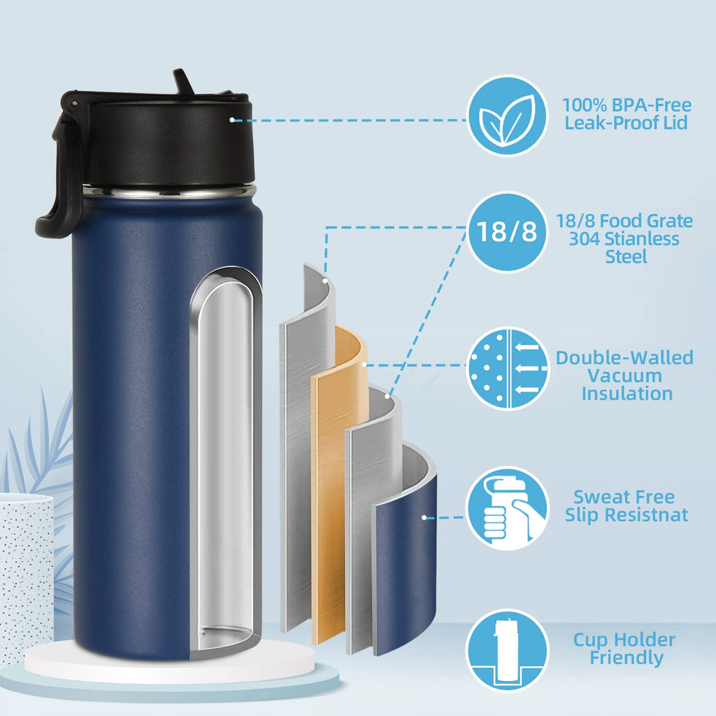 Volhoply Kids Insulated Water Bottle with Straw,16oz Stainless Steel Cold Water Bottles for School,BPA-Free Metal Wide Mouth Cups with Handle Lid,Reusable Double Wall Vacuum Sport Flask(Black,1)