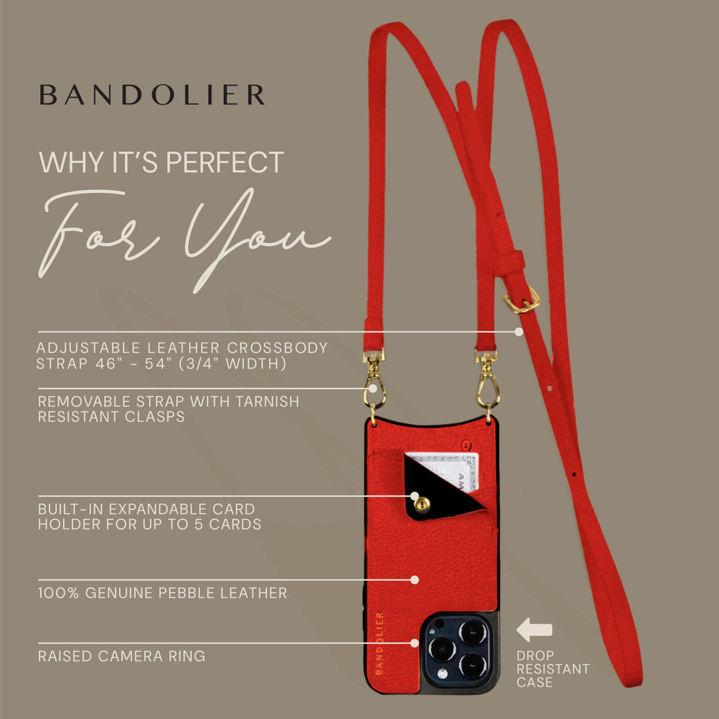 Bandolier Emma Crossbody Wallet Phone Case for iPhone 15 Pro Max. 100% Genuine Pebble Leather. Adjustable & Removable Crossbody Strap. Card Holder with Snap Closure. Black with Gold Hardware