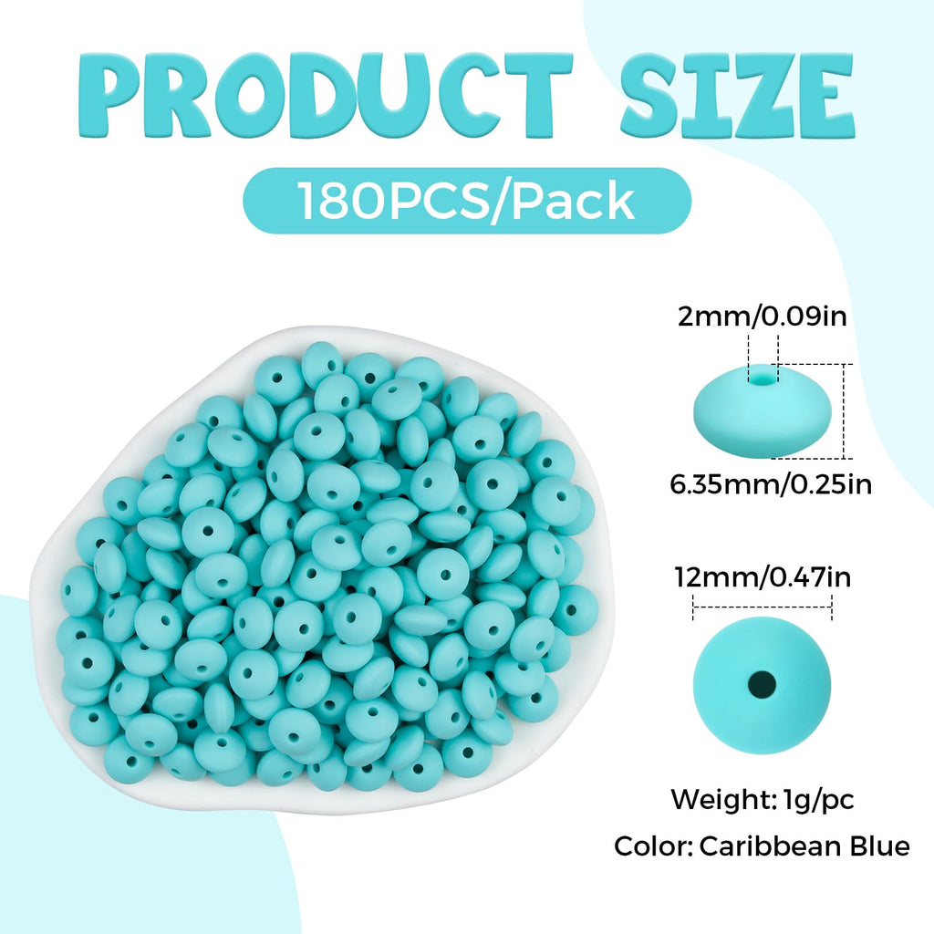 FIVEIZERO 180PCS Silicone Lentil Beads,12mm Spacer Beads | Flexible Silicone, 2mm Hole Design, Easy to Thread, Fade Resistant, Easy to Clean