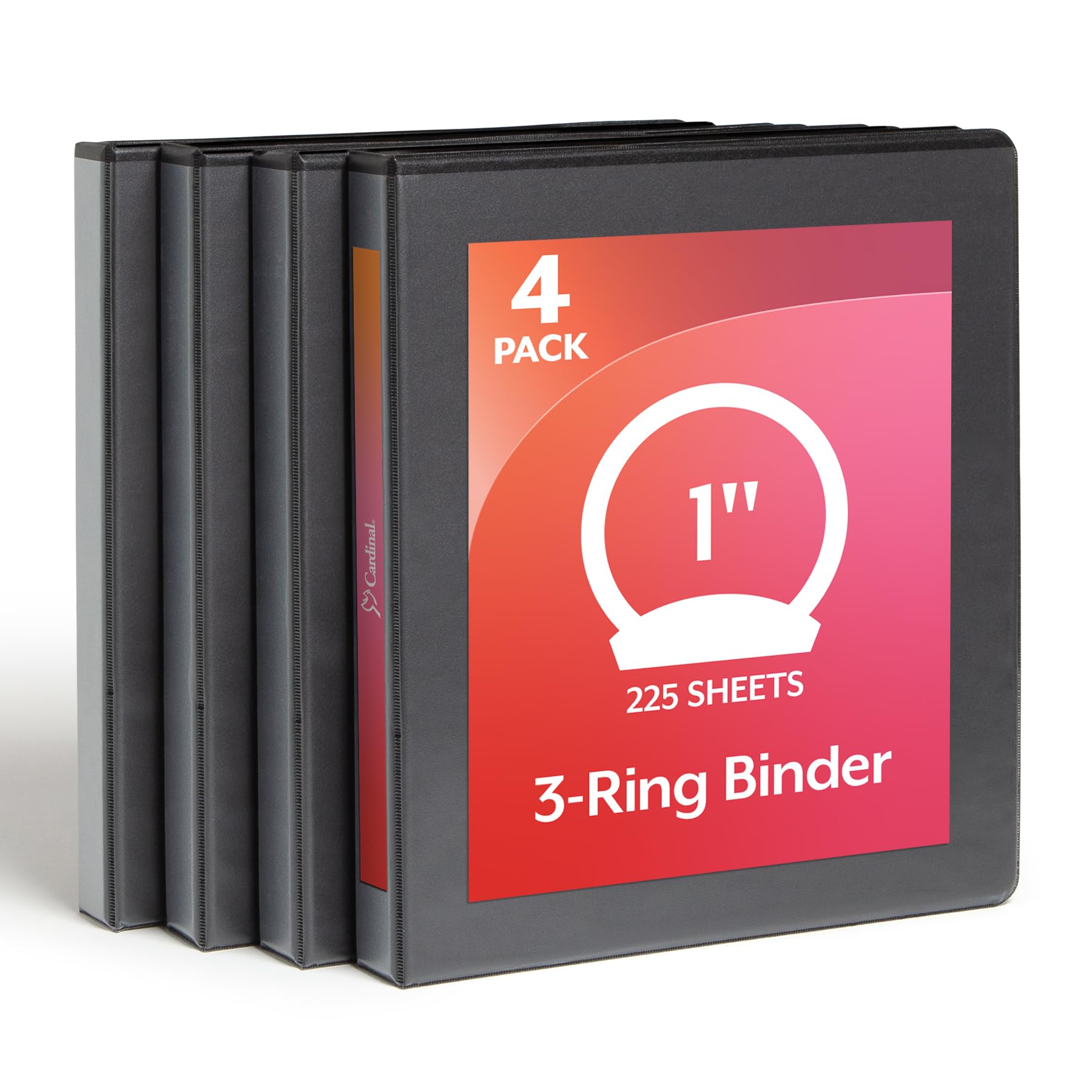 Cardinal Economy 3 Ring Binder, 1 Inch, Presentation View, Black, Holds 225 Sheets, Nonstick, PVC Free, 4 Pack of Binders (79512)
