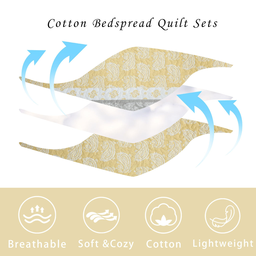 Yellow Quilts Queen Size, Paisley Comforter Set Queen Cotton Bed, Yellow Grey White Comforter, Striped Bedding Queen Size, Lightweight Luxury Bedspread,3 Piece