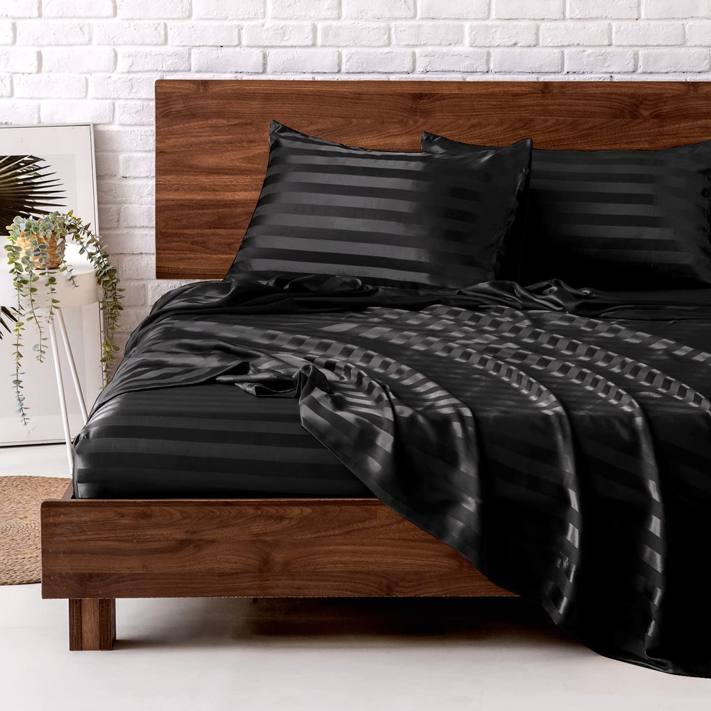 MR&HM Satin Sheets with Elastic Corner Straps, Twin Size 3-Piece Silky Bedding Set, Deep Pocket 15 Inches, Good for Hair & Skin (Twin, Black)