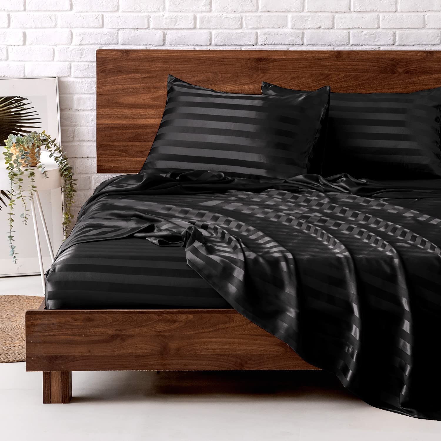 MR&HM Satin Sheets with Elastic Corner Straps, Twin Size 3-Piece Silky Bedding Set, Deep Pocket 15 Inches, Good for Hair & Skin (Twin, Black)