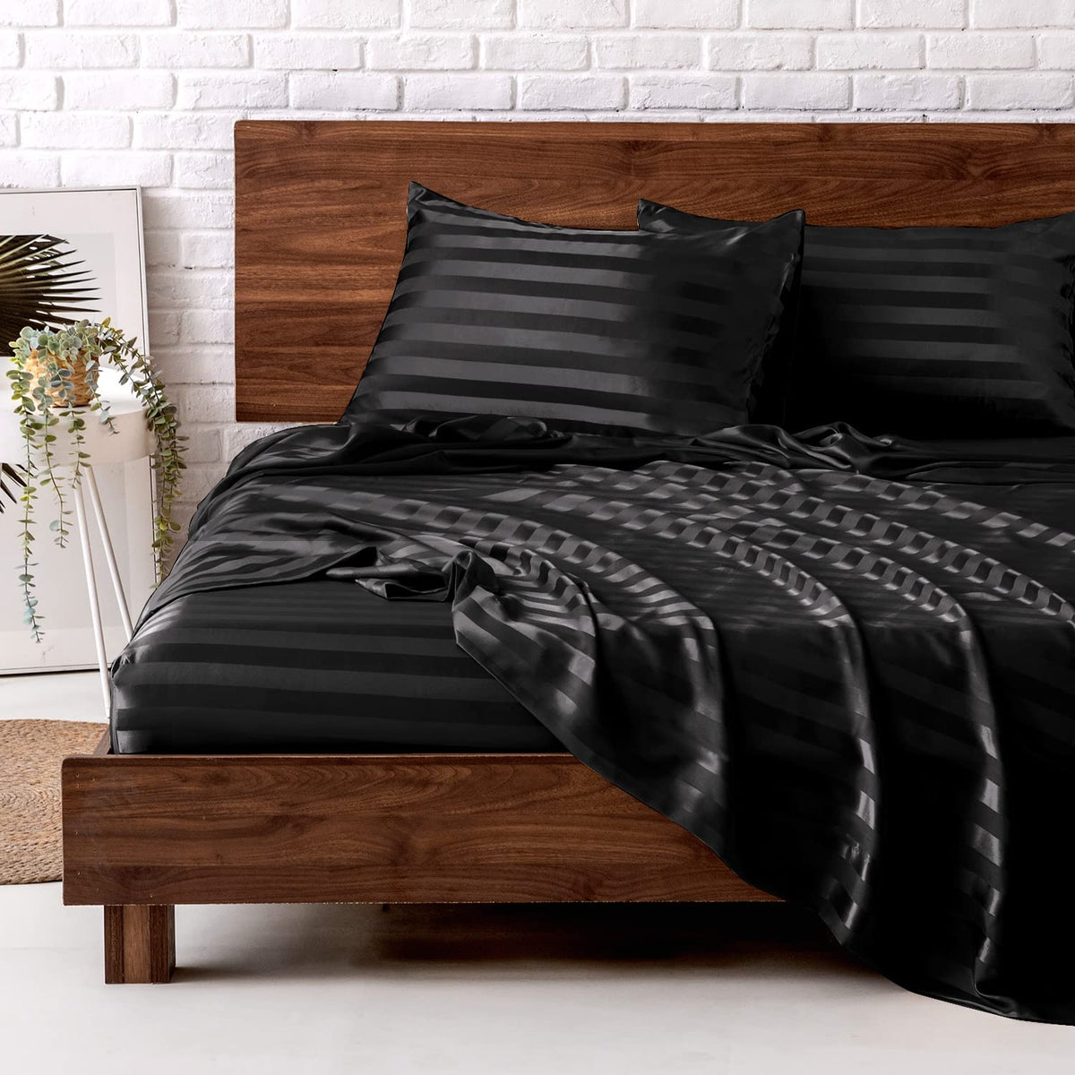 MR&HM Satin Sheets with Elastic Corner Straps, Twin Size 3-Piece Silky Bedding Set, Deep Pocket 15 Inches, Good for Hair & Skin (Twin, Black)