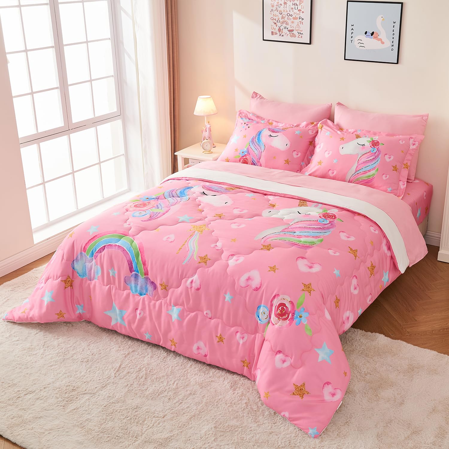 Wajade 7 Piece Blue Bow Comforter Set for Girls Kids Twin Size Bedding Set with Sheet and 2 Pillowcases 2 Pillow Shams Cute Girls Bed in a Bag as Birthday Choice