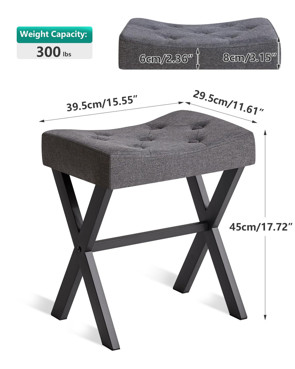 IBUYKE U-Shaped PU Vanity Stool, Square Makeup Chair with X-Leg, Ottoman Seat Footrest Stool, Multi-Use as Small Side Table, for Bedroom, Living Room, Black WBD019B