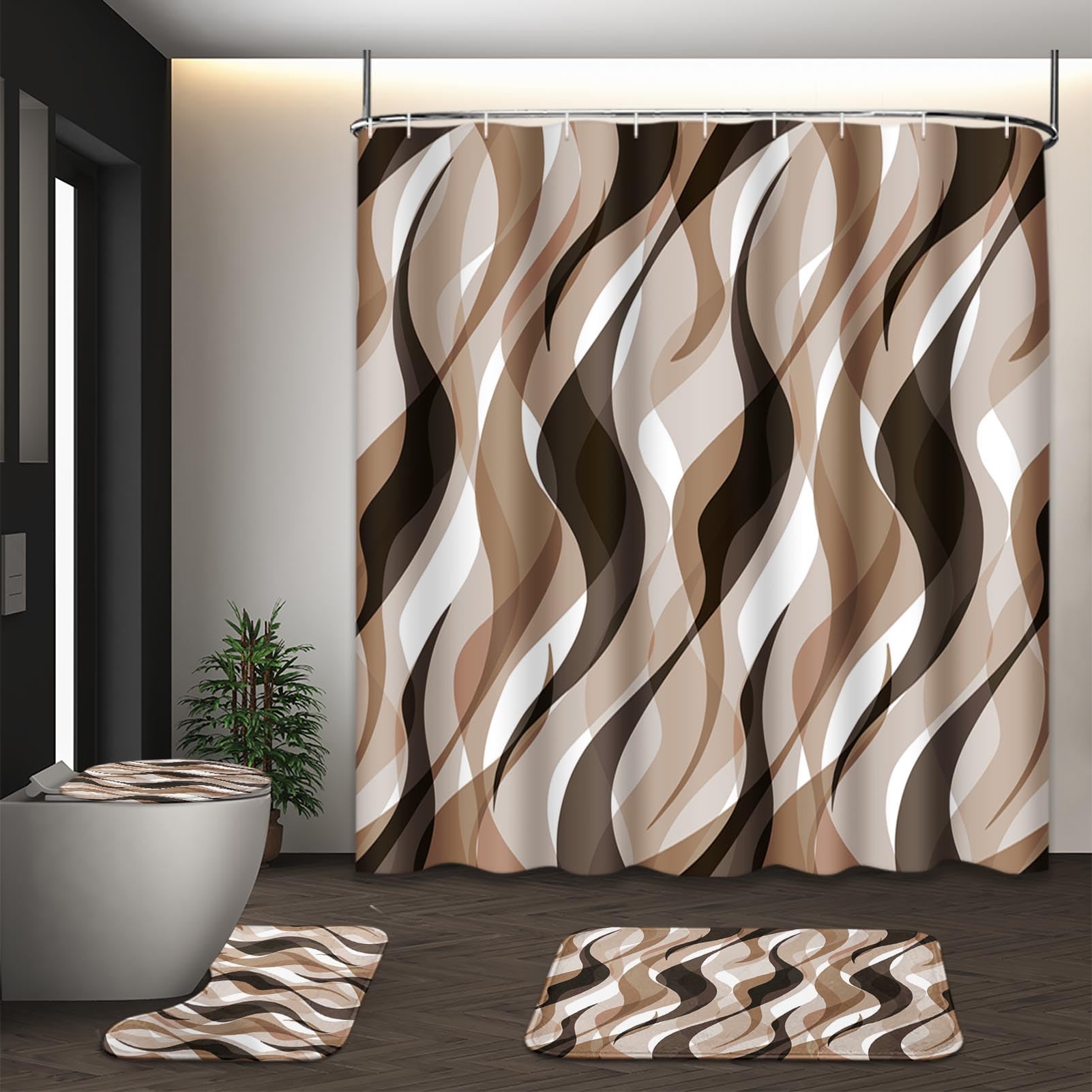Beige Geometric Shower Curtain Set with Toilet Lid Cover and Non-Slip Rugs for Bathroom, Black Grey White Checkered 4 Pcs Shower Curtain, Modern Abstract Bathroom Set with 12 Hooks