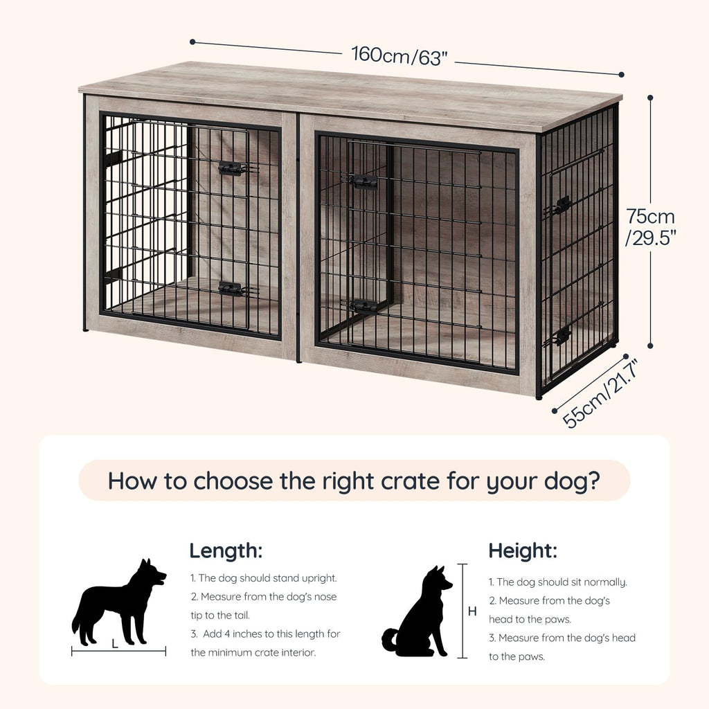 HOOBRO Dog Crate Furniture for 2 Dogs, 63" Large Double Dog Crate Furniture with Divider, Wooden Indoor Kennel TV Stand for Medium Large Dogs, Rustic Brown BF55GW03