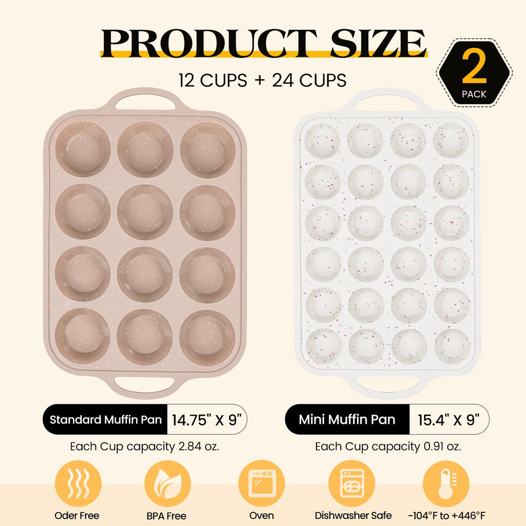 Vinino Silicone Muffin Pans for Baking with Metal Reinforced Frame, 12 Cups Regular Size Nonstick Brown Silicone Cupcake Pan, BPA Free Oven Dishwasher Safe Baking Mold for Muffins Cupcakes