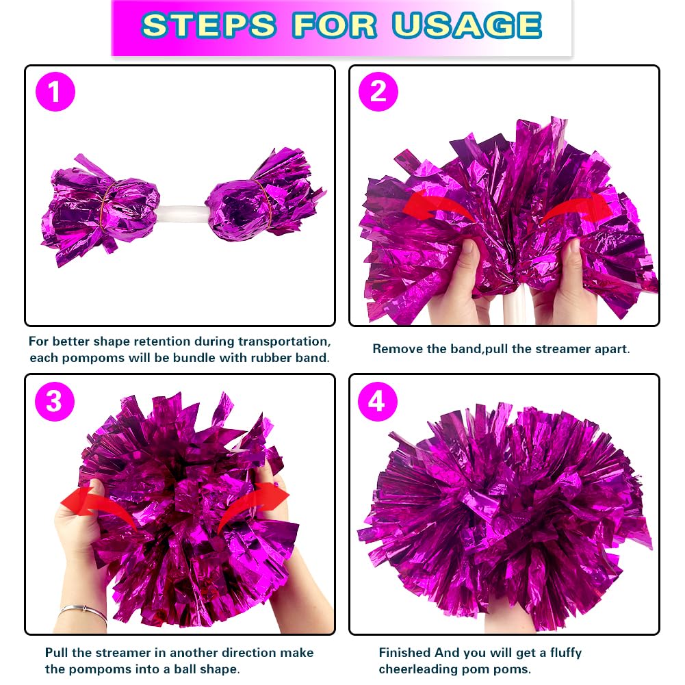 Lovecheer 2PCS/6PCS Metallic Pom Poms Cheerleading with Baton Handle Cheer Pompoms for Kids Adults Team Sports Spirit Party Cheering