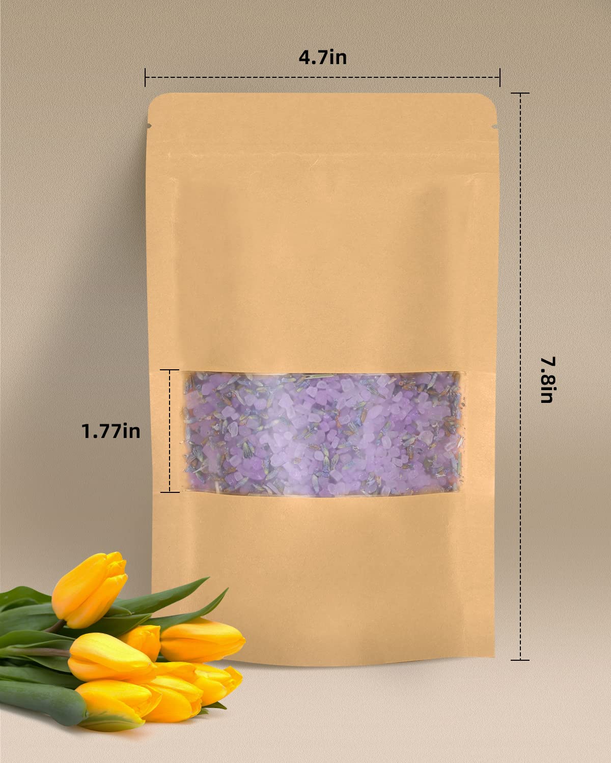50pcs Kraft Bags with Window 3.5x5.5 Inches Brown Reusable Sealable Zip Lock Food Storage Stand up Paper Pouches for Home or Business
